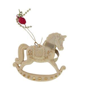Vintage Ivory Colored Rocking Horse Ornament With Gold Accents Christmas Decor
